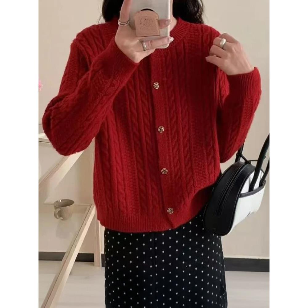 覆古麻花长袖针织2025春秋新款加厚毛衣女时尚百搭开衫高级感上衣