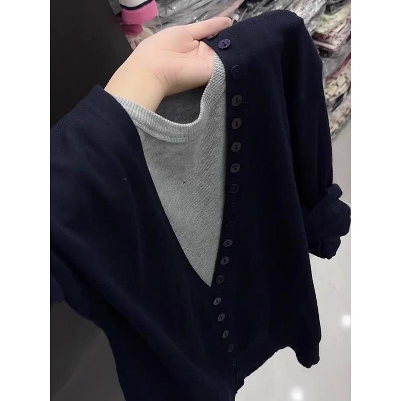 慵懒风假两件V领针织衫女秋季大码胖MM时尚洋气宽松气质毛衣上衣