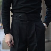 男金线条纹高腰垂感抗皱直筒型西裤 那不勒斯免烫商务休闲裤 两色