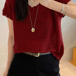 韩版高级感镂空设计感短袖针织衫女春季新款红色洋气宽松薄款上衣