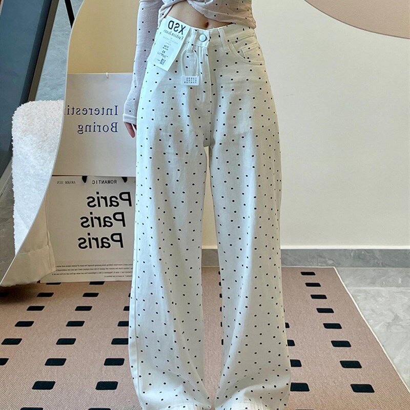 大码白色波点碎花牛仔裤女夏季设计感高腰直筒宽松阔腿休闲裤子潮