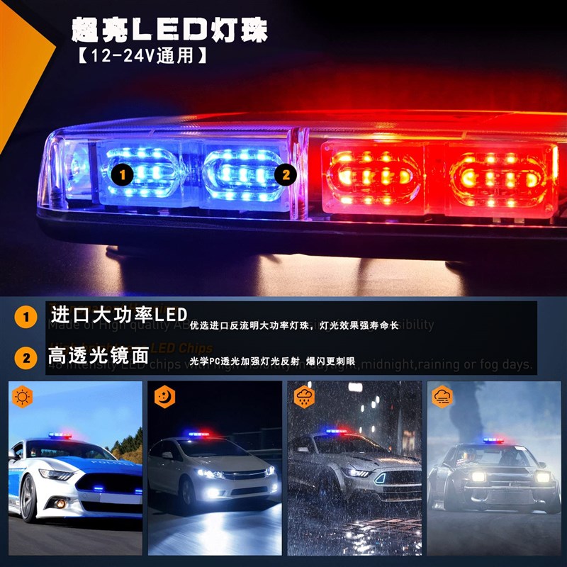 超薄车载高亮led爆闪灯红蓝警示开道灯强磁吸顶报警灯闪光1.2V24V