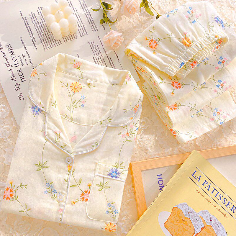 纱布睡衣女款纯棉春秋季长袖长裤家居服透气开衫双层纱套装可外穿