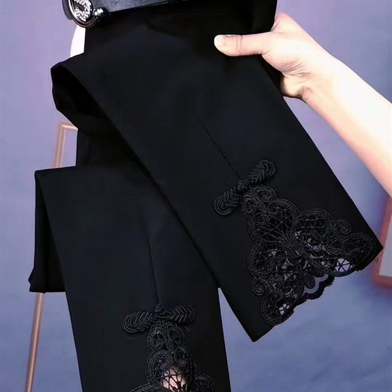 南韩弹力八分烟管裤高腰显瘦盘扣蕾丝边小西裤24年新款小个子女裤