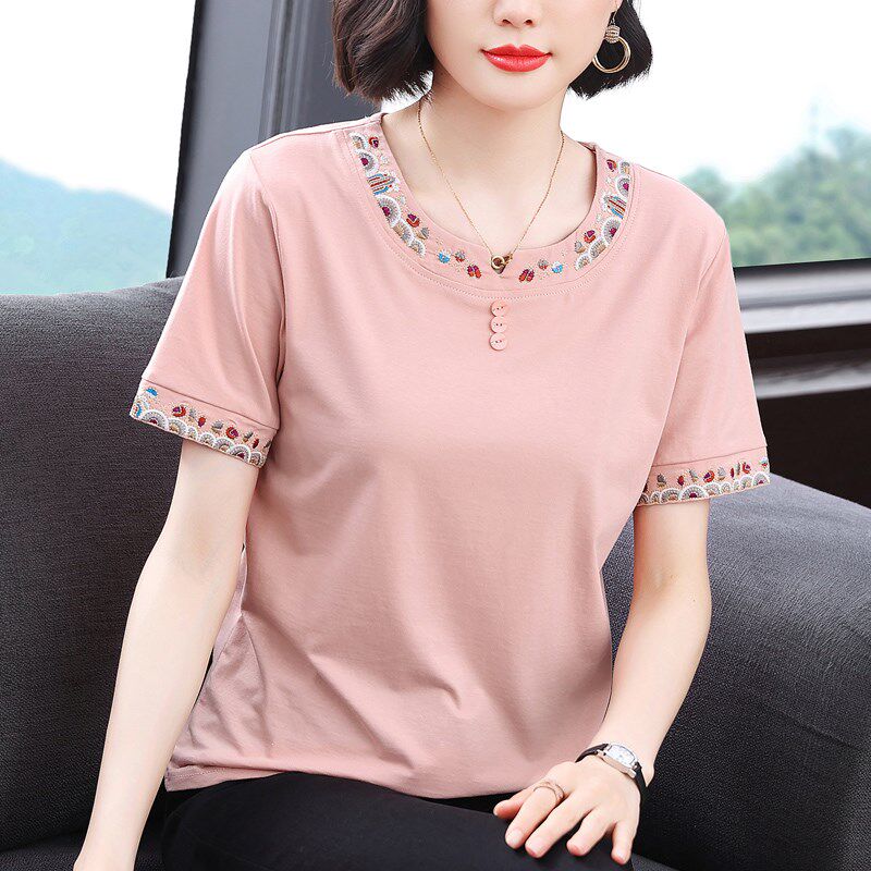 妈妈短袖t恤女大码刺绣遮肚小衫夏季新款中老年洋气纯棉正肩上衣