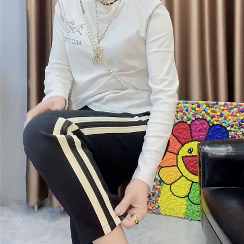 大码女装秋季高腰直筒弹力休闲裤女胖妹妹mm显瘦条纹九分运动裤