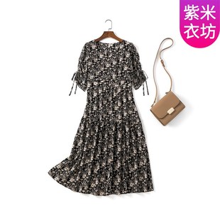 紫米衣坊雪纺连衣裙女小个子春夏季新款女装碎花长款裙子中袖长裙