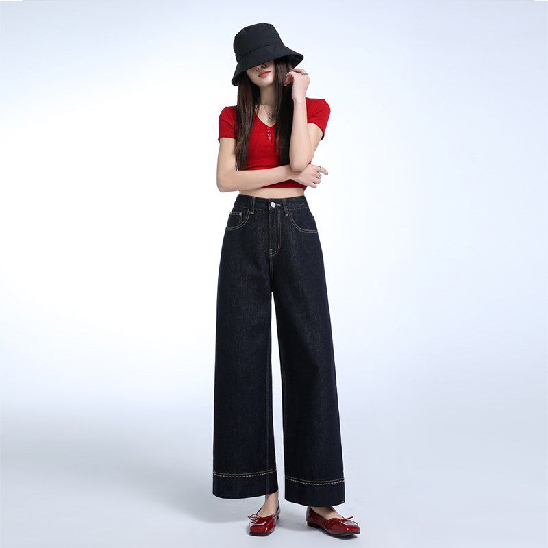 复古九分阔腿牛仔裤女春夏2025新款高腰显瘦垂感宽松直筒法棍裤子