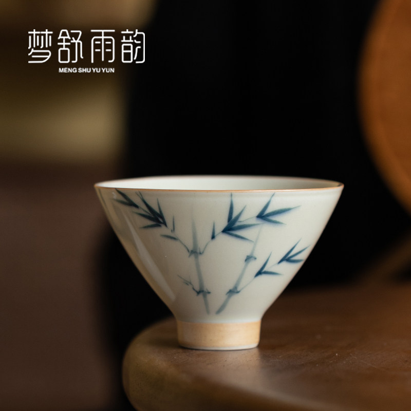 草木灰手绘竹子斗笠杯主人杯单杯家用陶品茗杯瓷功T夫茶具茶杯茶