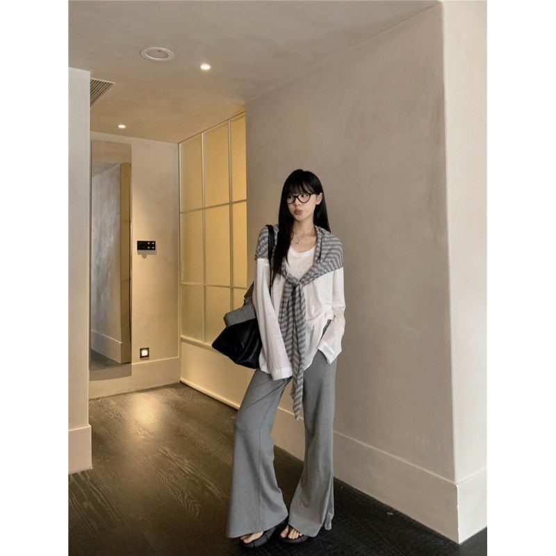 韩版慵懒风套装薄款长袖T恤女外搭条纹披肩夏季微喇叭裤长裤三件,女装/女士精品,时尚套装,淘宝优惠券,粉丝福利购,淘宝优惠卷