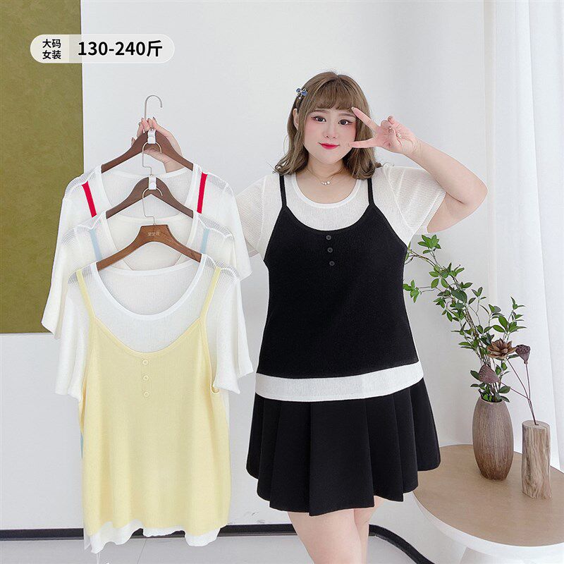 小个子时尚显瘦短袖t恤胖仙女莹莹大码女装夏季撞色假两件针织衫