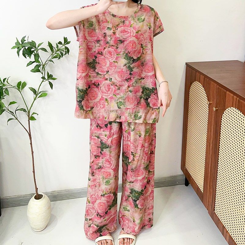 棉绸夏季大码套装女薄款短袖上衣阔腿裤两件套胖mm人造棉家居服