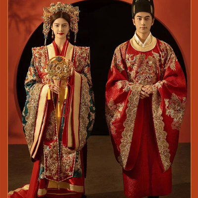 宋制汉服婚服凤冠霞帔中式嫁衣男女情侣结婚新娘明制古装婚礼重工