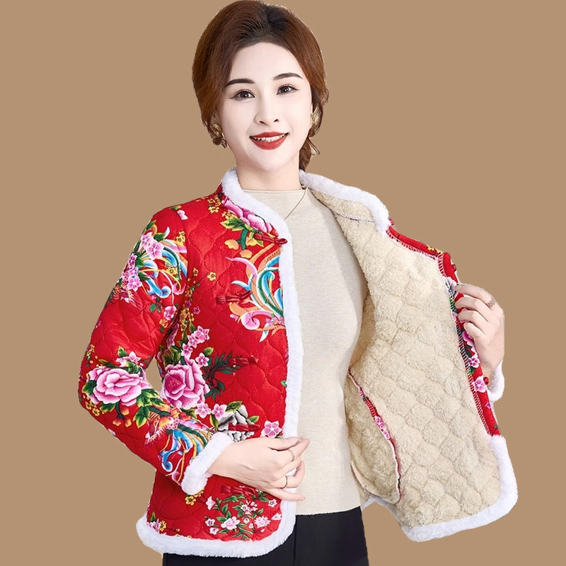 中老年冬装新款时尚民族风短款棉服外套中年女装洋气大花棉袄外套