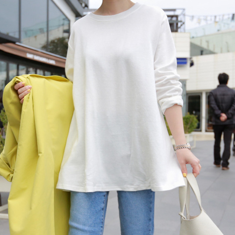 长袖t恤女中长款2022春季大码女装娃娃衫纯棉宽松打底衫A字版上衣