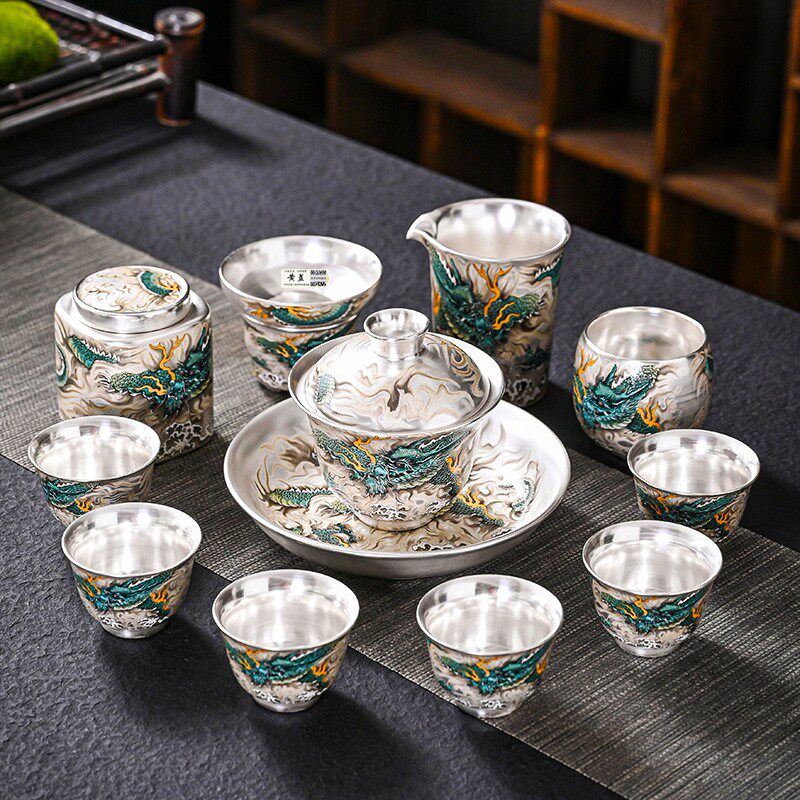 纯手工银上作画茶壶盖碗高档乔迁送领导退休礼物青龙功夫茶具套装