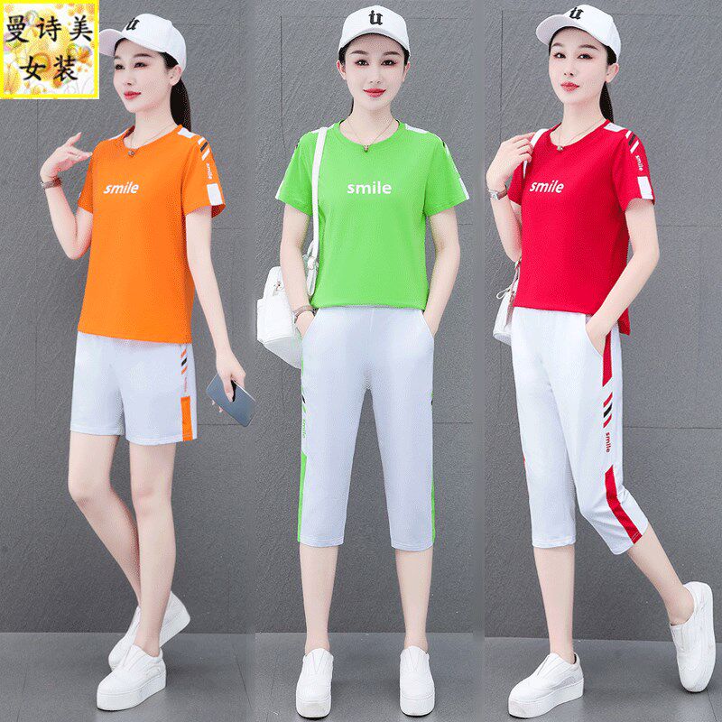 纯棉运动套装女夏季新款妈妈广场舞跳舞短袖短裤七分裤薄款两件套