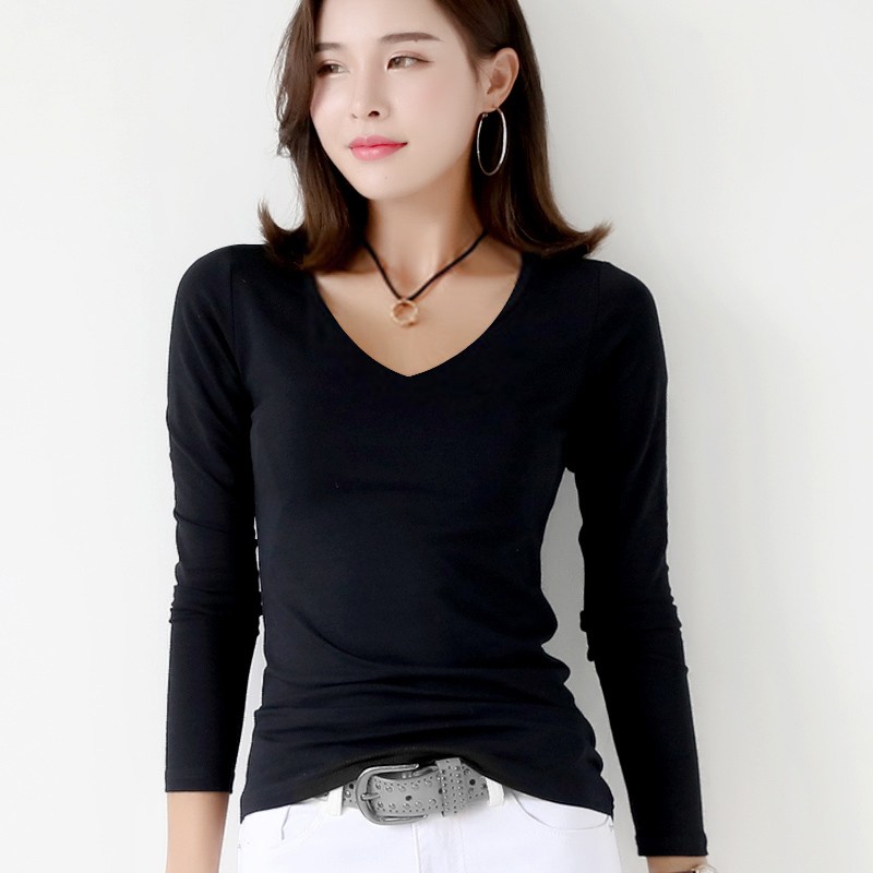 纯色黑色打底衫女长袖t恤V领显瘦修身棉质简约秋款秋冬白色上衣