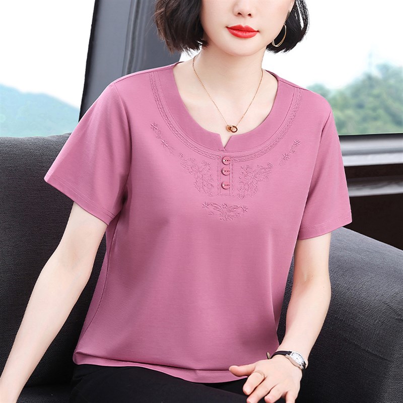 纯棉刺绣花短袖t恤女装夏季新款宽松显瘦圆领大码中年妈妈上衣女