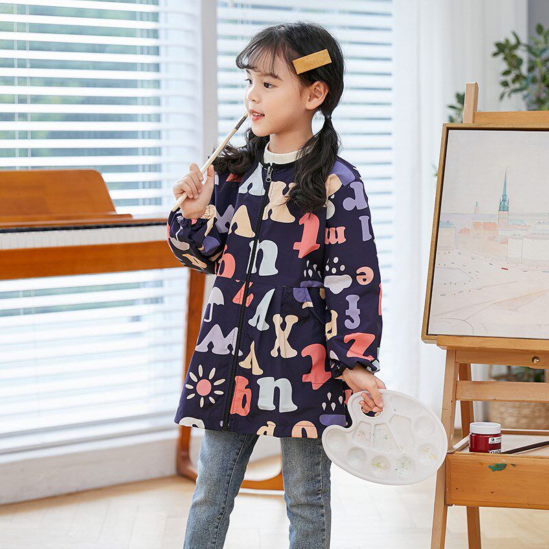 女童罩衣秋冬防水防脏薄款拉链羽绒服小学生罩衫画画吃饭宝宝围兜
