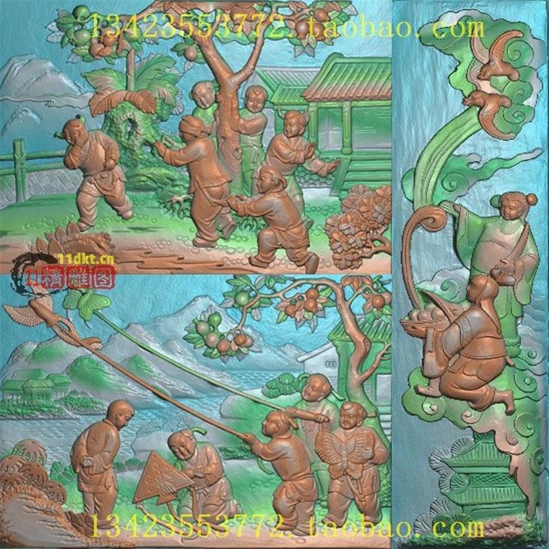 童子人物浮雕扫描图n古建筑祠堂门面石雕木雕灰度图精雕图多子多