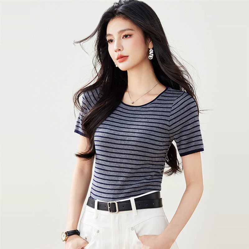 冰丝针织短袖t恤女夏季2025新款韩版修身复古条纹显瘦高级感上衣