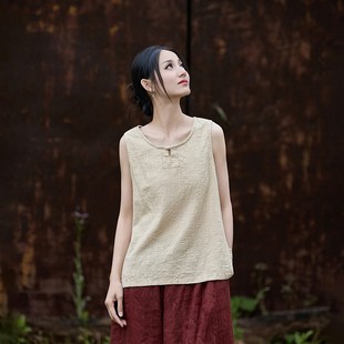 国风布衣女装竹节棉无袖上衣新中式禅意穿搭文艺覆古盘扣茶服背心