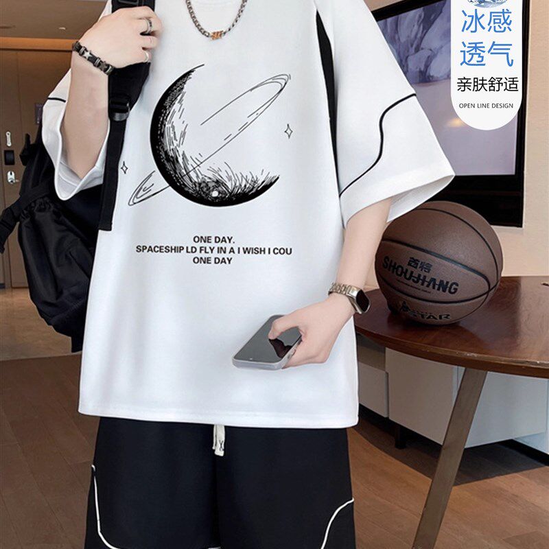 青少年夏季套装男生初中生冰丝短袖t恤大孩子夏季速干运动服