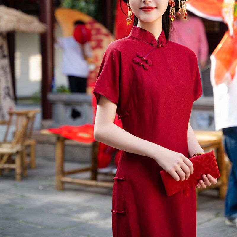 苏爱【红锦】新中式红色旗袍女订婚夏季大码胖mm新娘结婚敬酒服