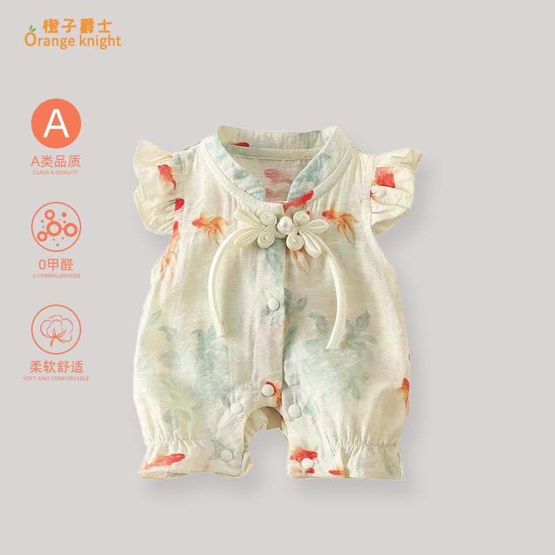 小月龄婴儿夏季新款衣服女宝宝中式国风短袖旗袍包屁衣外出短爬服