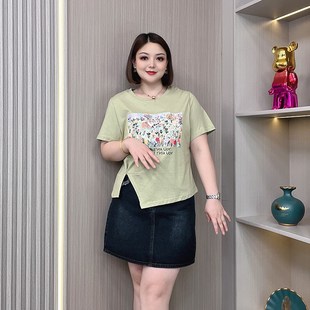 2023新款 胖mm夏装 显瘦小众上衣 t恤女大码 不规则开叉纯棉正肩短袖