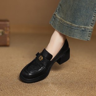 2025春季 女粗跟R松糕底圆头懒人单 新款 真皮厚底黑色英伦风小皮鞋