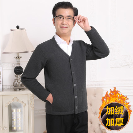 秋冬装中老年人加绒加厚开衫毛衣中年男士K爸爸装保暖外套爷爷棉