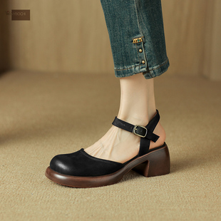 头层牛皮 简约复古风粗跟包v头凉鞋 高跟防水台夏季 女士真皮凉鞋