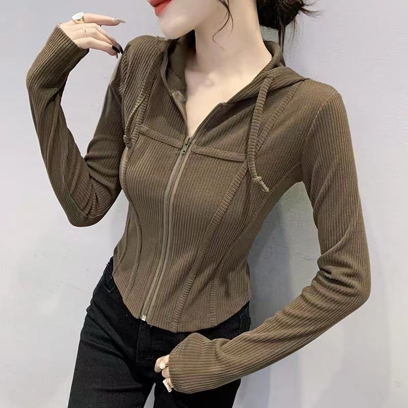小上衣女短款洋气春秋p连帽卫衣薄款2023拉链开衫长袖小众针织外