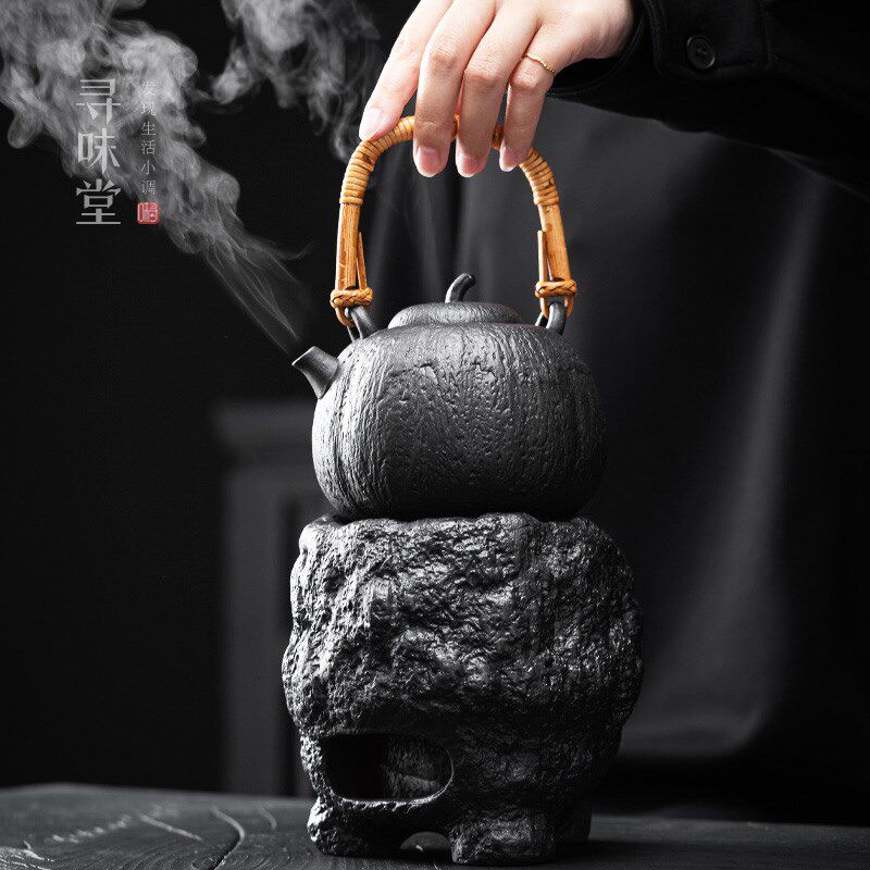 矾黑粗陶提梁壶煮茶炉覆古南瓜壶酒精灯煮茶器S户外室内围炉煮茶