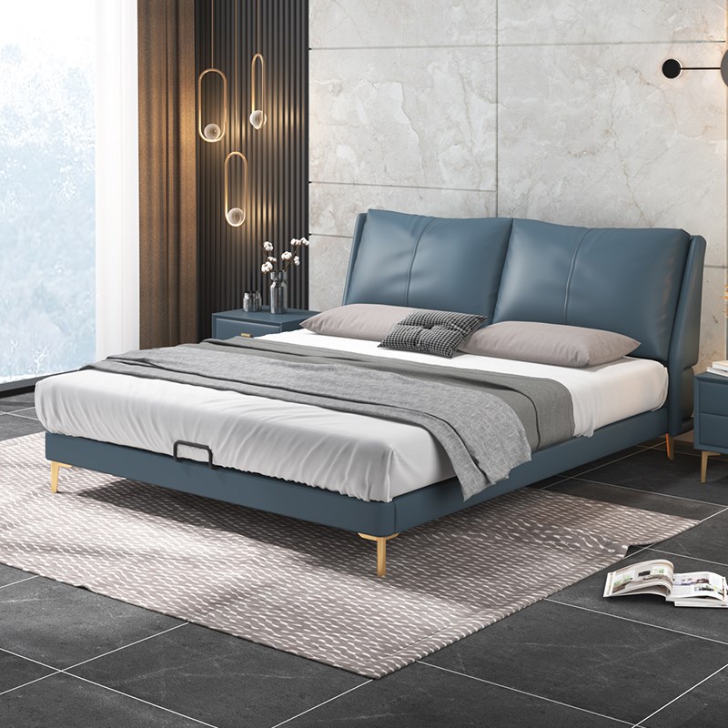 意式轻奢真皮床主卧现代简约1.8米1.5双人小户型软包皮质羽绒婚床