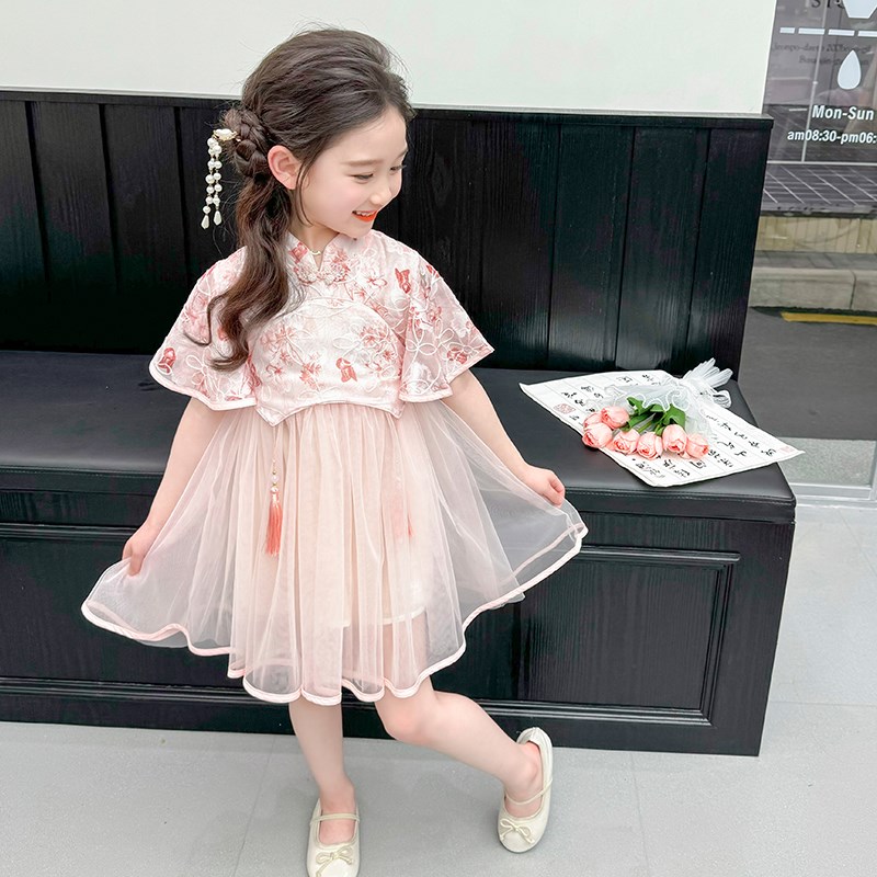 女童2025夏季新款国风时尚百搭宽松休闲旗袍网纱连衣裙女小童宝宝