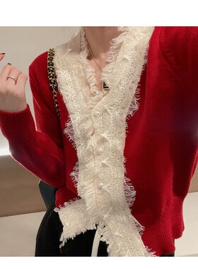 爱情魔鬼鱼 红色长袖设计感蕾A丝拼接针织开衫女冬季新款休闲上衣