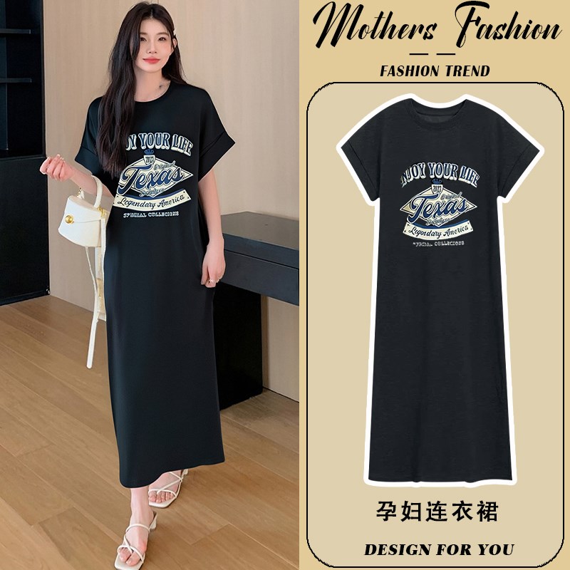 孕妇连衣裙夏季黑色印花圆领短袖2025新款宽松时尚T恤裙中长款女
