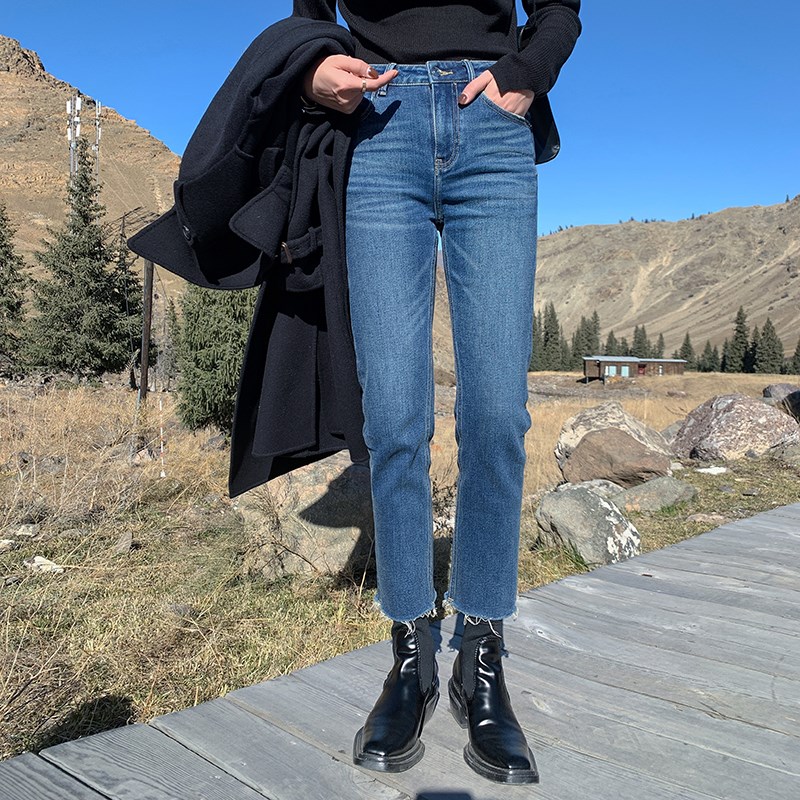 蓝色直筒牛仔裤女九分法棍裤春季大码F高腰弹力梨形身材显瘦烟管