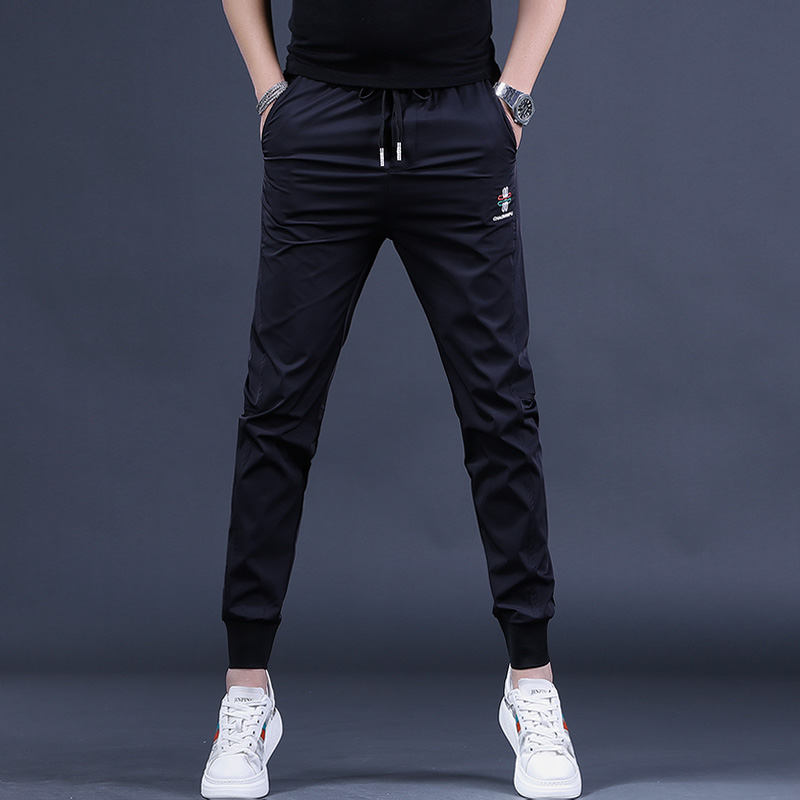 夏季潮牌休闲裤男士松紧腰修身束脚弹力男裤冰丝运动小脚长裤黑色