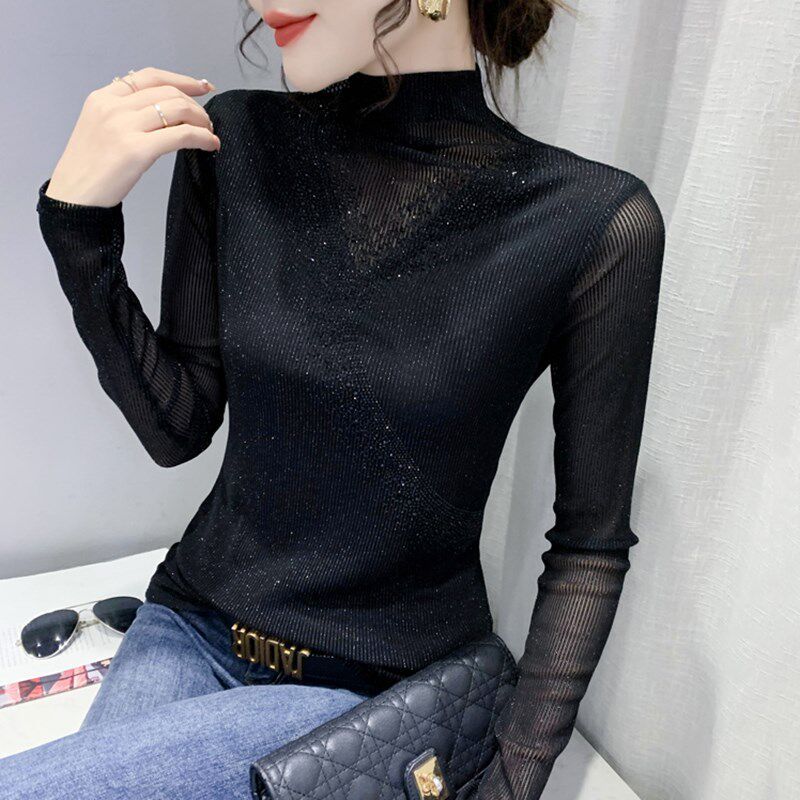 欧货蕾丝网纱长袖T恤女装时尚烫钻上衣洋气百搭加W绒打底衫女秋冬