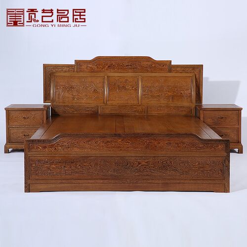 红木家具 全鸡翅木双人床实木床 卧室中式1.8米大床婚床高低床