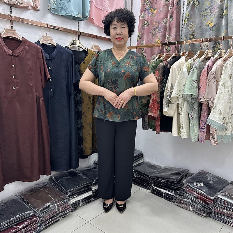 母亲节妈妈夏装V领民族风旗袍高贵小衫J收腰气质洋气两件套阔腿裤