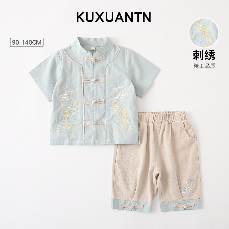 汉服男童夏季薄款宝宝唐装礼服短袖中国风纯棉古装幼儿表演服套装图片