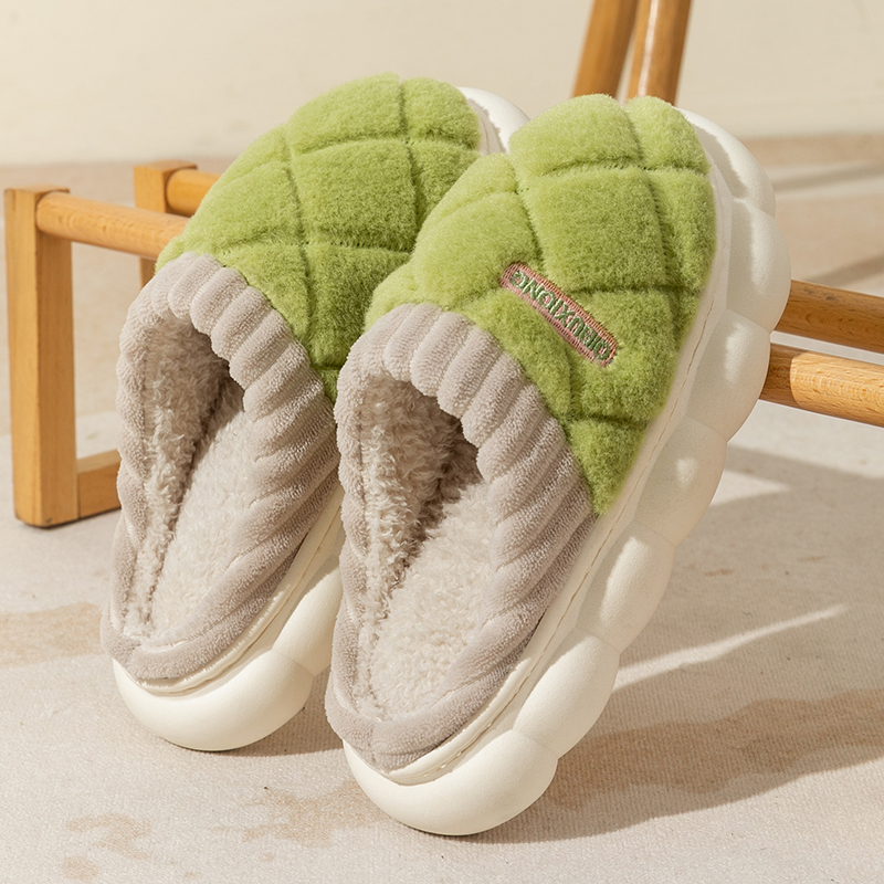 棉拖鞋女士冬季2024新款室内居家厚底防滑拼色方格毛X绒保暖棉拖