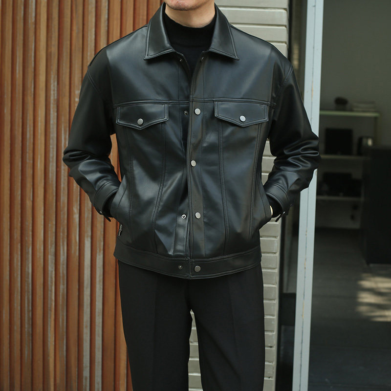 休闲经典款翻领黑色皮衣外套男时尚英伦绅装百搭机U车服皮夹克上