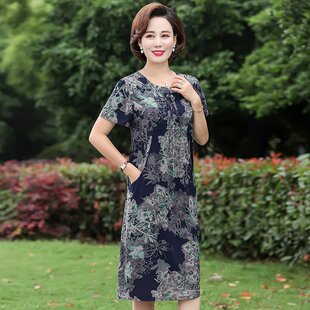 中老年妈妈装夏季棉绸中长款连衣裙中年女装宽松S简约韩版大码裙