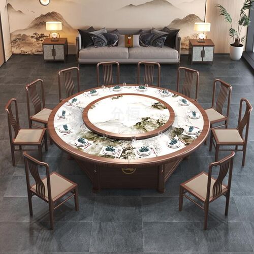2025款新中式酒店电动餐桌大圆桌大理石岩板实木餐桌现代简约饭桌